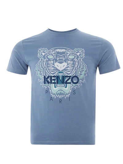 Shop Kenzo Blue Cotton T-shirt With Tiger Print And Front Logo