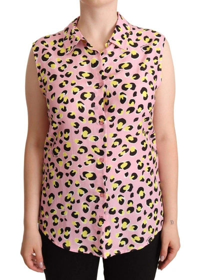 Shop Love Moschino Pink Leopard Print Sleeveless Collared Polo Top