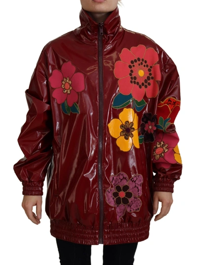Shop Dolce & Gabbana Maroon Floral Full Zip Polyester Women Jacket