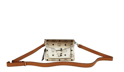 Mcm Signature Berlin Gold Diamond Logo Leather Mini Flap Lock Crossbody Handbag In Gold