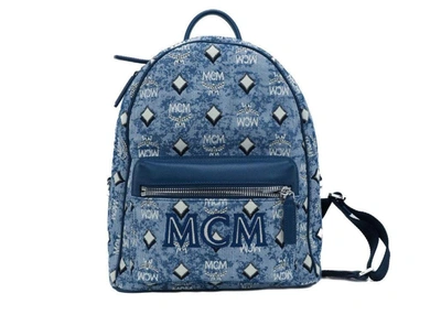 Shop Mcm Stark  Blue Vintage Jacquard Monogram Logo Fabric Backpack Bookbag