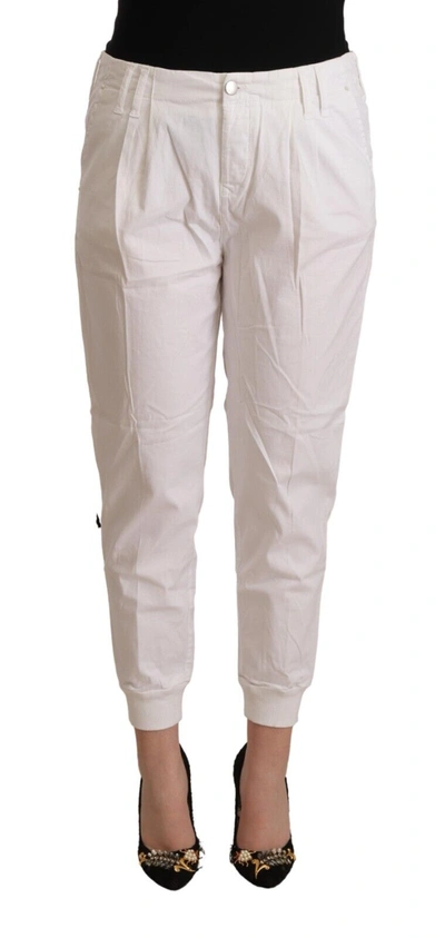Met White Cotton Mid Waist Tapered Cropped Pants In White