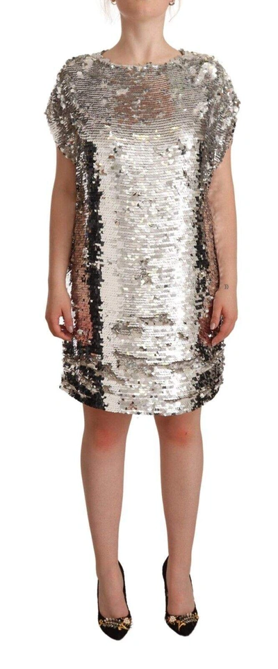 Shop Msgm Silver Sequined Polyester Short Sleeves Shift Mini Dress