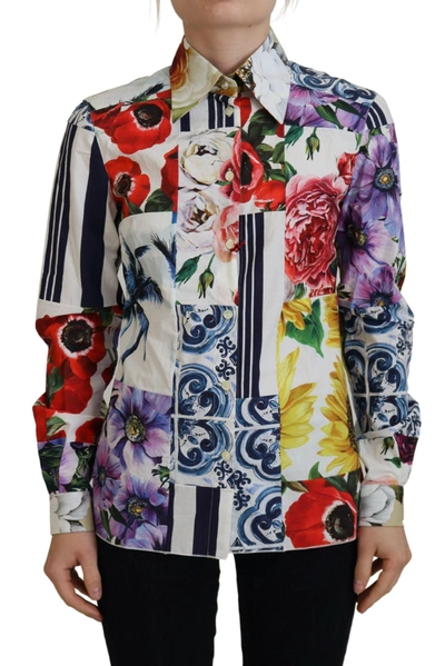 Shop Dolce & Gabbana Multicolor Floral Cotton Collared Blouse Top