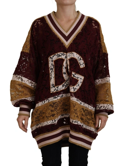 Shop Dolce & Gabbana Multicolor Lace V-neck Pullover Sweater