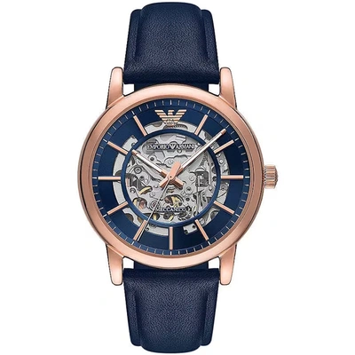 Shop Emporio Armani Navy Blue Leather And Steel Automatic Watch