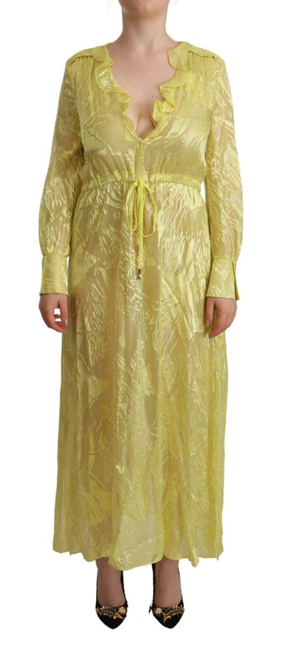 Shop Patrizia Pepe Yellow Silk Long Sleeves Plunging Maxi Dress