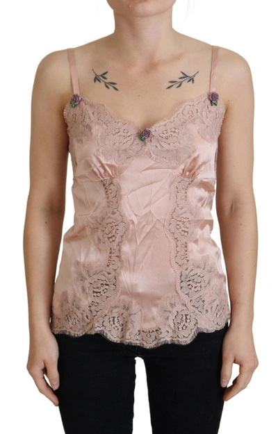 Shop Dolce & Gabbana Pink Satin Lace Roses Tank Top Lingerie