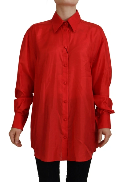 Shop Dolce & Gabbana Red Silk Collared Long Sleeves Dress Shirt Top