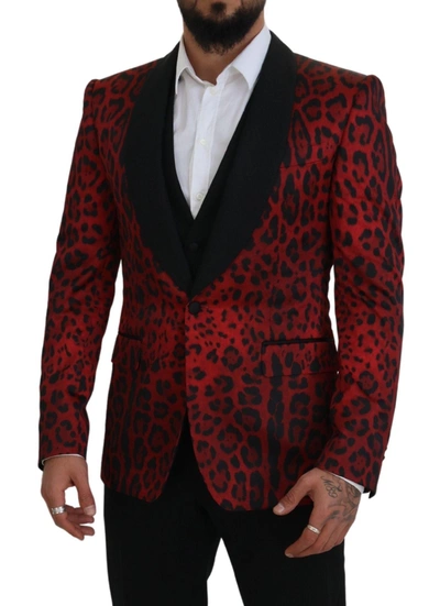 Shop Dolce & Gabbana Red Sicilia Leopard Formal 3 Piece Set Suit