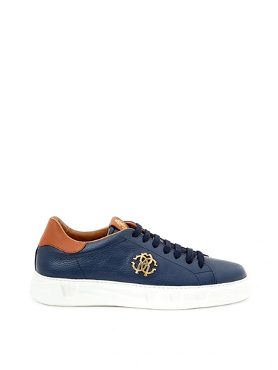 Shop Roberto Cavalli Blue Leather Sneakers With Gold Logo