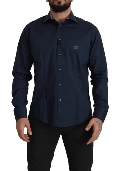 Shop Roberto Cavalli Navy Blue Cotton Dress Formal Shirt