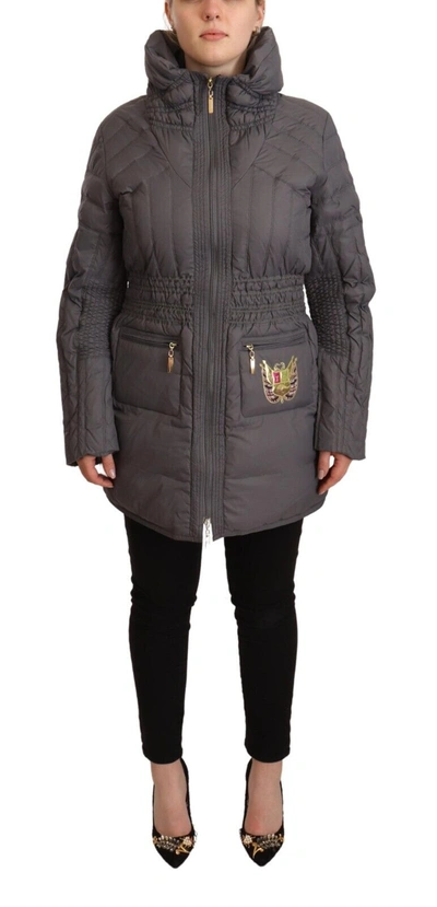 Roccobarocco Gray Quilted Long Sleeves Logo Patch Full Zip Jacket In Gray
