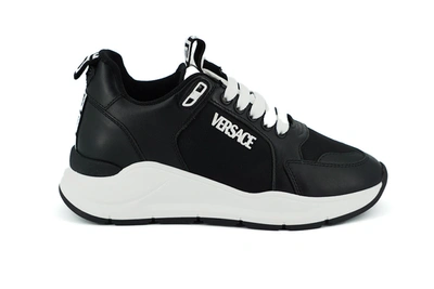 Shop Versace Black And White Calf Leather Sneakers