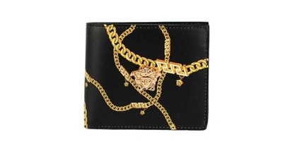 Shop Versace Black Smooth Leather Gold Medusa Head Chain Logo Bifold Organizer Wallet