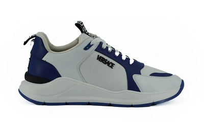 Shop Versace Blue And White Calf Leather Sneakers