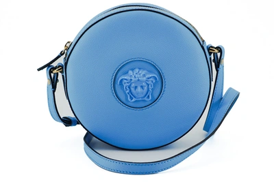 Shop Versace Blue Calf Leather Round Disco Shoulder Bag