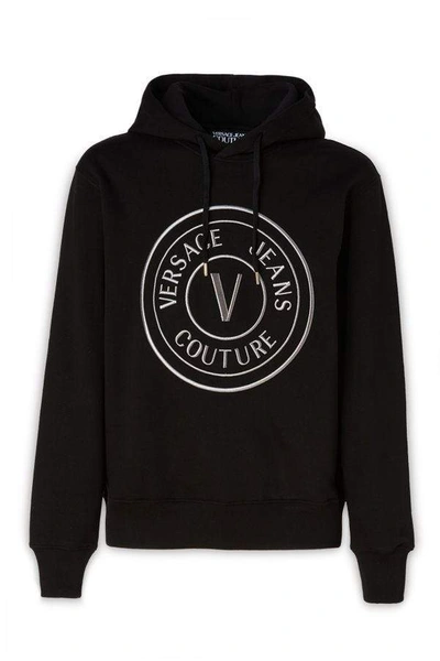 Versace Jeans Black Cotton Logo Details Hooded Sweatshirt In Black