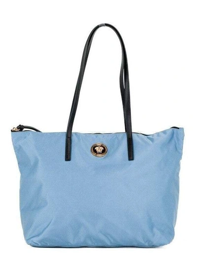 Shop Versace Portuna Medusa Medium Cornflower Blue Nylon Leather Tote Bag Purse