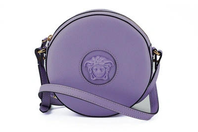 Shop Versace Purple Calf Leather Round Disco Shoulder Bag
