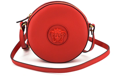 Shop Versace Red Calf Leather Round Disc Shoulder Bag