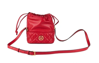 Shop Versace Red Quilted Leather Drawstring Shoulder Bag Bucket Crossbody Handbag
