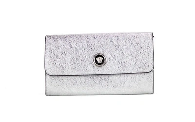Shop Versace Small Metallic Silver Lamb Leather Medusa Clutch Crossbody Wallet Bag