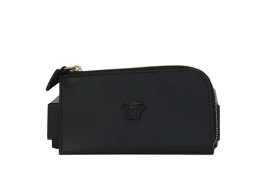 Shop Versace Smooth Leather Matte Medusa Head Organizer Zip Card Case Wallet Black