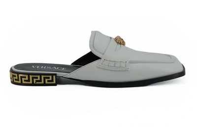 Shop Versace White Calf Leather Slides Flat Shoes
