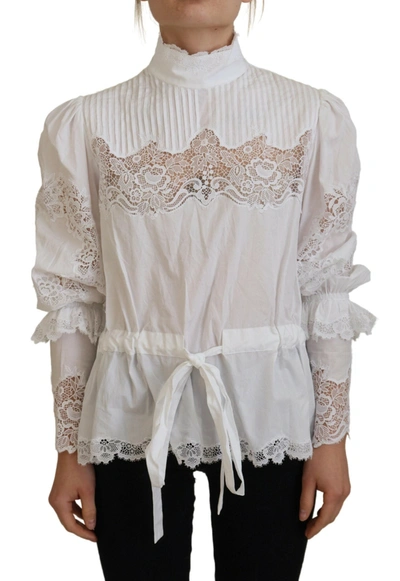 Shop Dolce & Gabbana White Cotton Lace Trim Turtle Neck Blouse Top