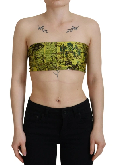 John Galliano Yellow Graphic Print Nylon Strapless Cropped Top In Yellow