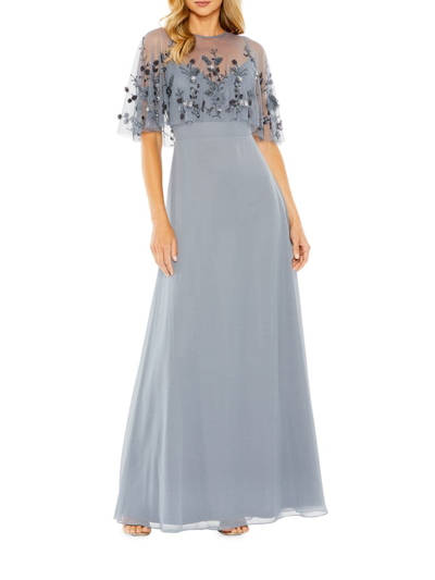 Shop Mac Duggal Women's Embellished Cape A-line Gown In Slate Blue