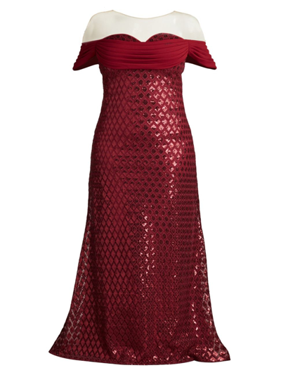 Shop Tadashi Shoji Women's Sequined Off-the-shoulder Gown In Pomegranate