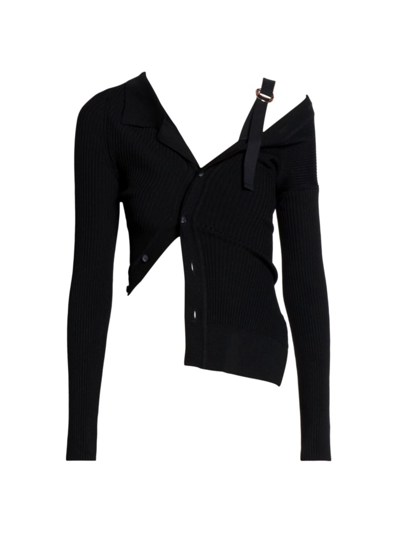 Shop Jacquemus Women's Colin Asymmetric Wool Rib-knit Cardigan In Black