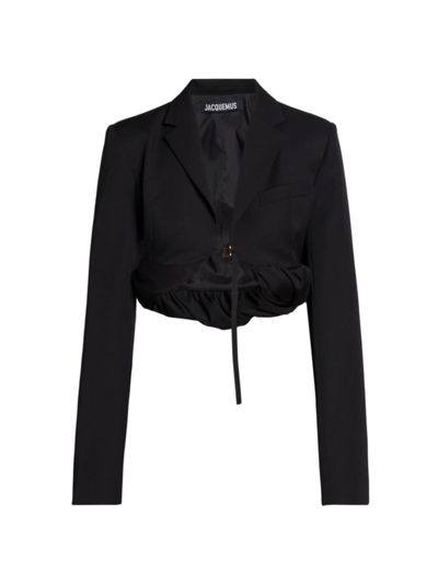 Shop Jacquemus Women's Croissant Linen-blend Crop Blazer In Black