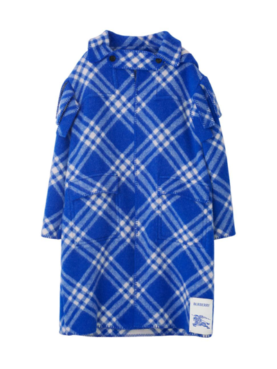 Shop Burberry Men's Check Hooded Wool Coat In Blue Knight Check