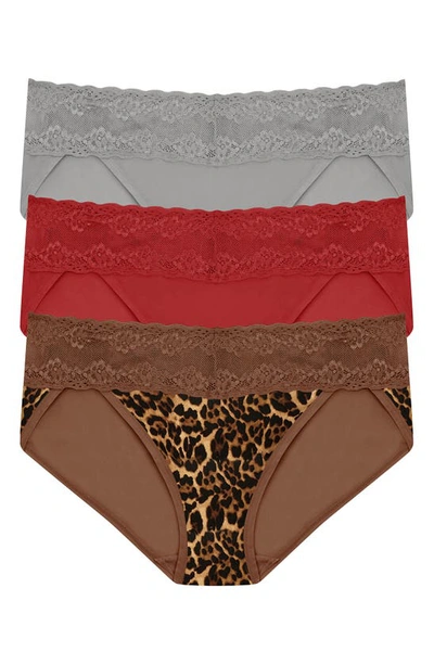 Shop Natori Bliss Perfection 3-pack Bikini Briefs In Grey/ Red/ Brown