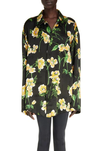 Shop Balenciaga Oversize Floral Logo Jacquard Silk Button-up Shirt In Black/ Yellow