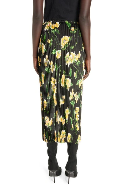 Shop Balenciaga Pleated Floral Midi Skirt In Black/ Yellow