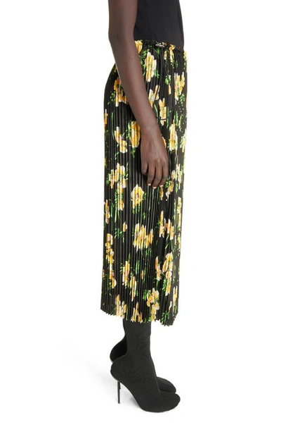 Shop Balenciaga Pleated Floral Midi Skirt In Black/ Yellow