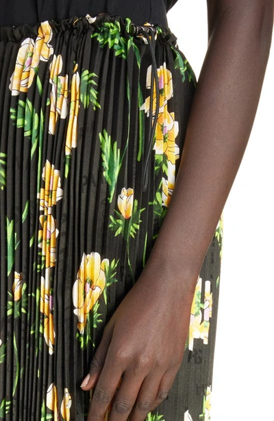 Shop Balenciaga Pleated Floral Midi Skirt In Black/ Yellow