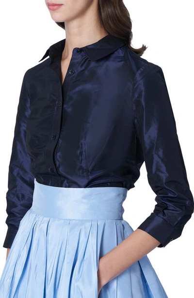 Shop Carolina Herrera Three Quarter Sleeve Silk Button-up Shirt In Midnight