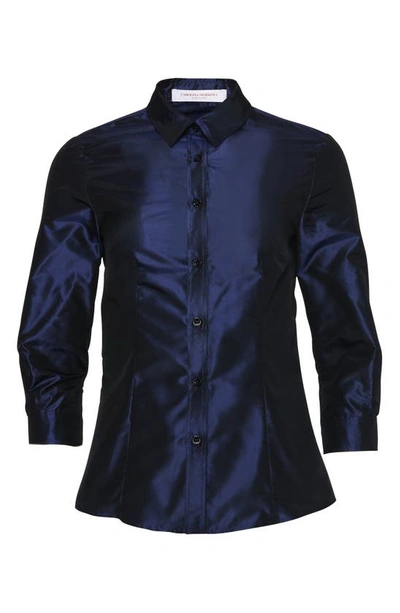 Shop Carolina Herrera Three Quarter Sleeve Silk Button-up Shirt In Midnight