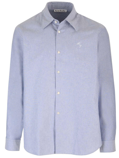 Shop Acne Studios Logo Embroidered Collared Button-up Shirt In Aan Blue