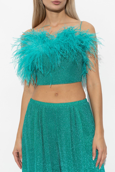 Shop Oseree Glitter Feather Trimmed Crop Top In Aquamarine