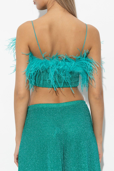 Shop Oseree Glitter Feather Trimmed Crop Top In Aquamarine