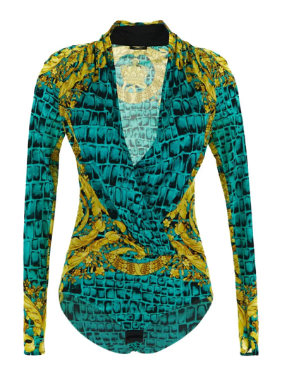 Shop Versace Baroccodile Print Bodysuit In Glacier Green/black/gold