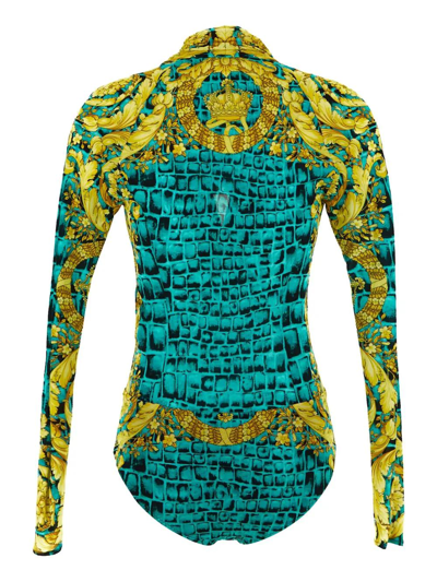 Shop Versace Baroccodile Print Bodysuit In Glacier Green/black/gold