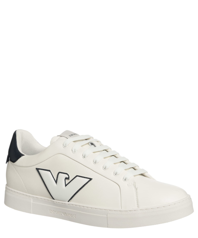 Shop Emporio Armani Leather Sneakers In Off White+navy