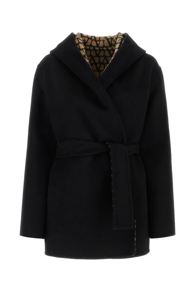 Shop Valentino Black Wool Blend Coat In Nero/cammello Iconographe